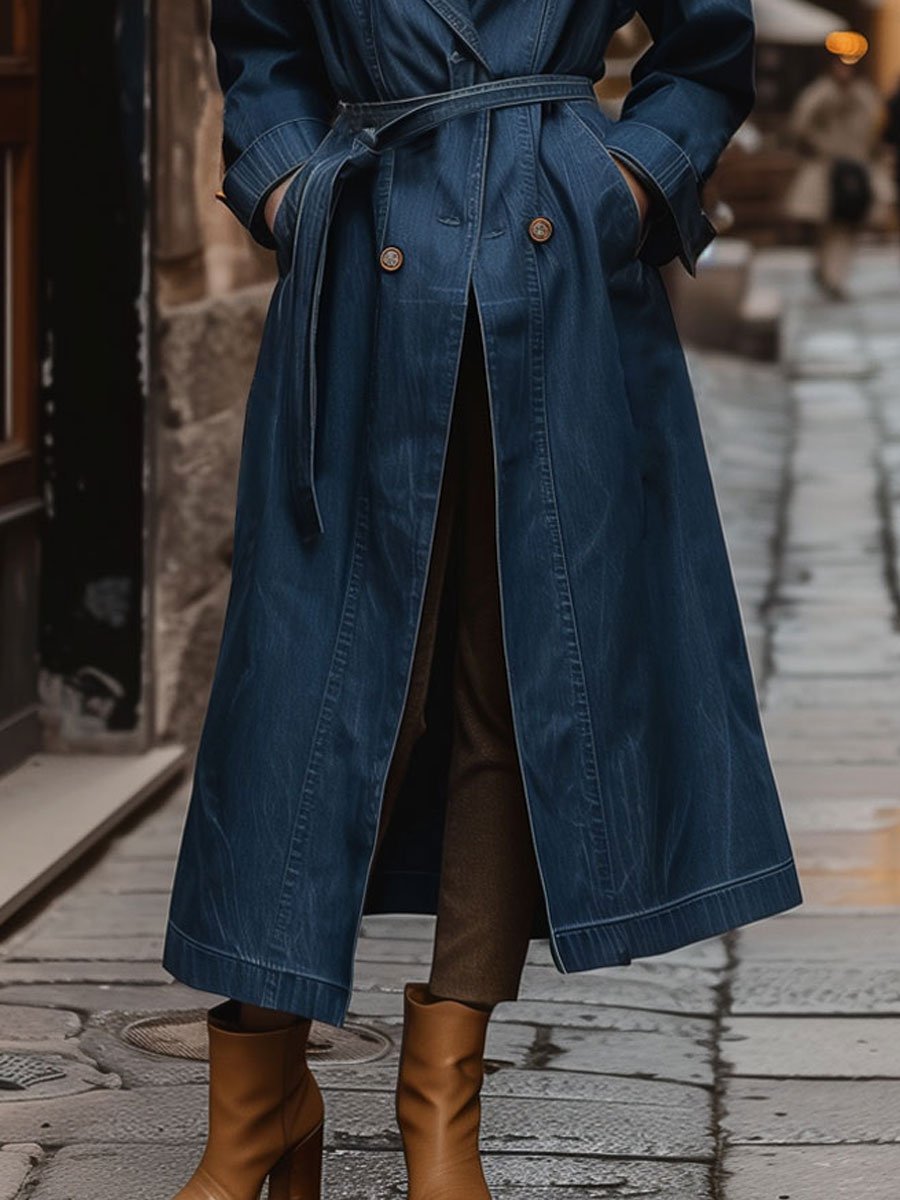 Casual Loose Retro Double Breasted Pocket Belt Denim Trench Coat