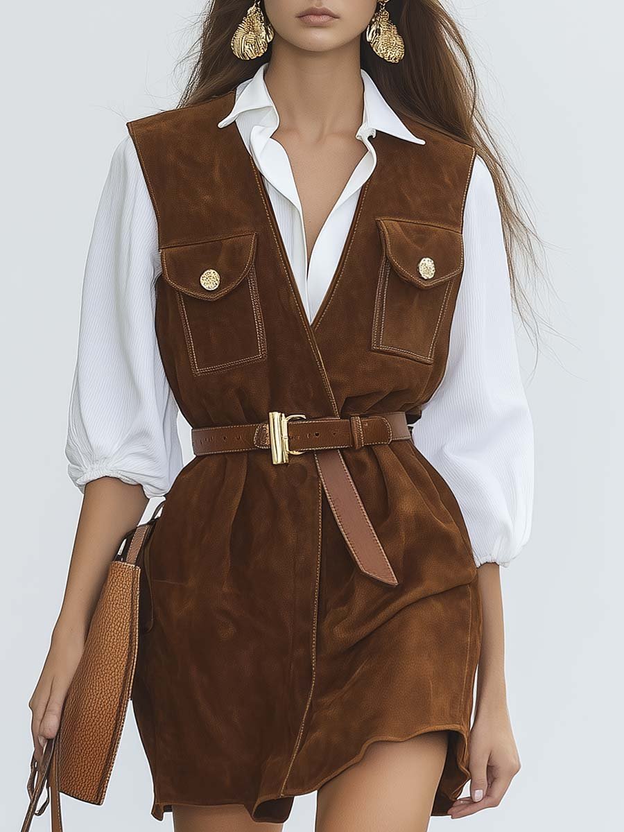 Elegant and Versatile V-neck Vest-style Brown Suede Mini Dress