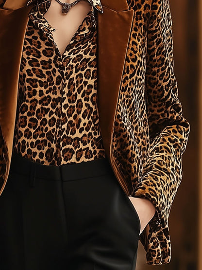 Casual Loose Vintage Velvet Leopard Print Solid Lapel Blazer