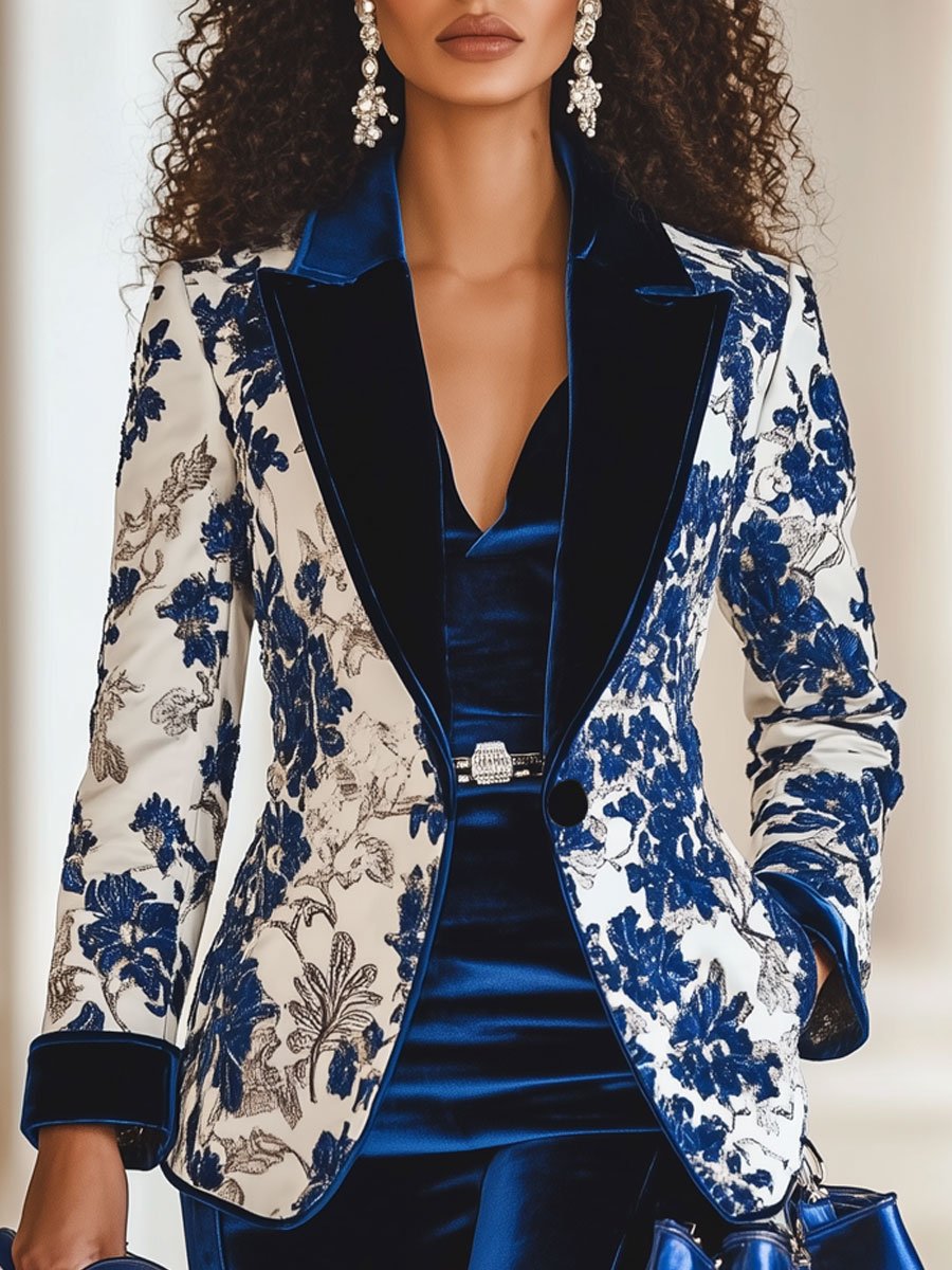 Casual Loose Vintage Velvet Floral Print Lapel Colorblock Blazer