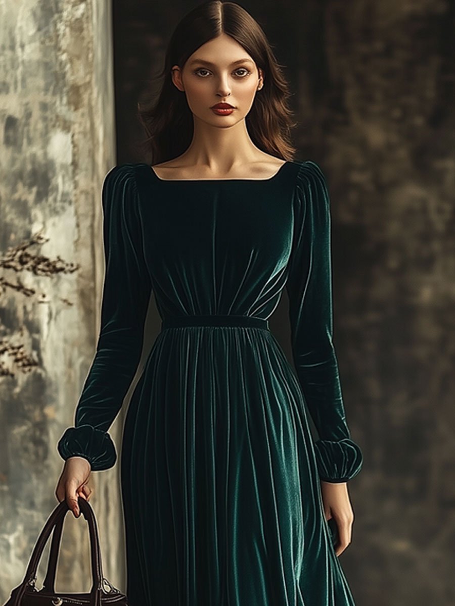 Square Neck Fashion Party Holiday Solid Color Velvet Long Sleeve Maxi Dress