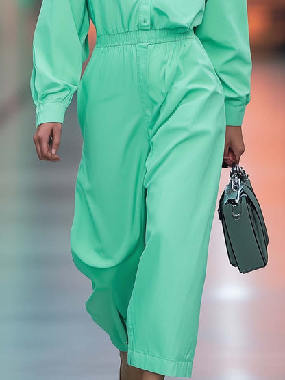 Fashionable and Eye-catching Shirt-style Mint Green Cropped Trousers Jumpsuit