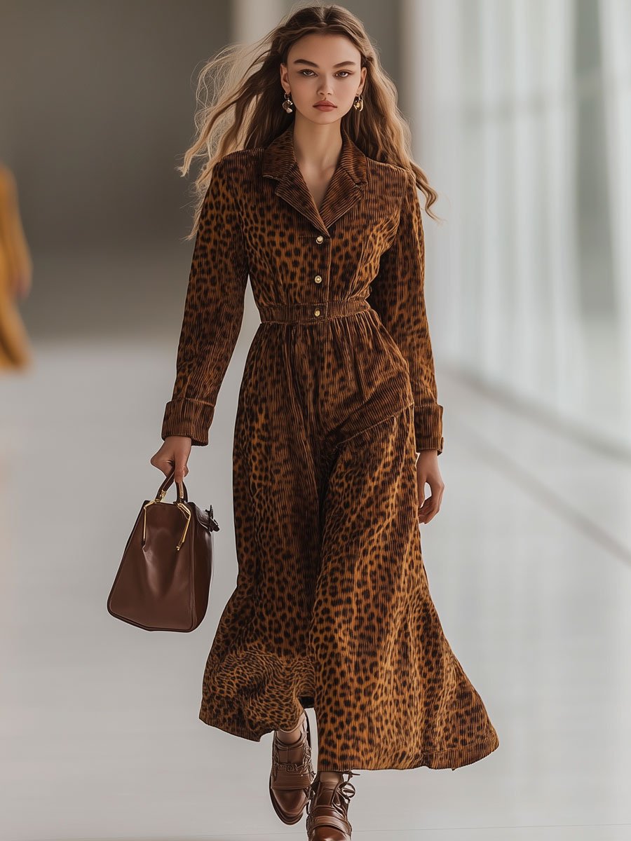 Casual Loose Vintage Corduroy Leopard Print Pocket Trench Coat Maxi Dress