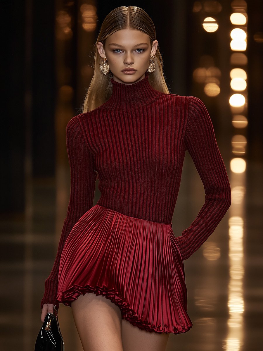 Charming and Playful Burgundy Turtleneck Knit Top with Satin Pleated Mini Dress