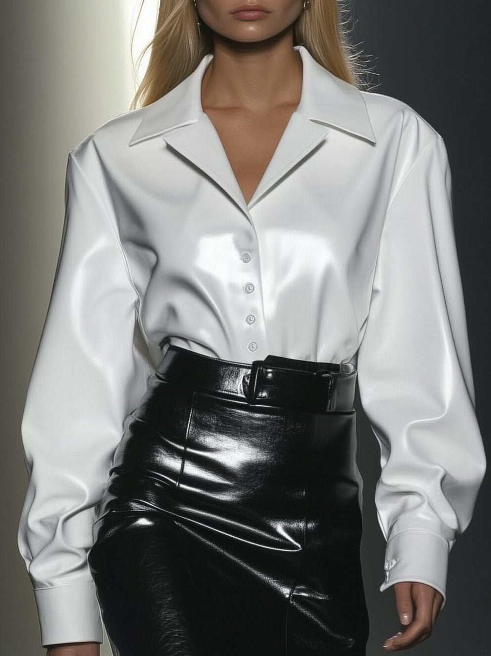 Smart Casual Loose Leather Lapel White Long Sleeve Shirt