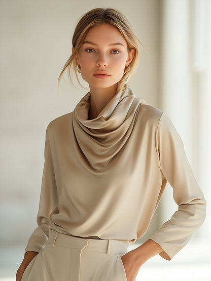 Elegant Champagne Gold Pile Collar Top Blouse