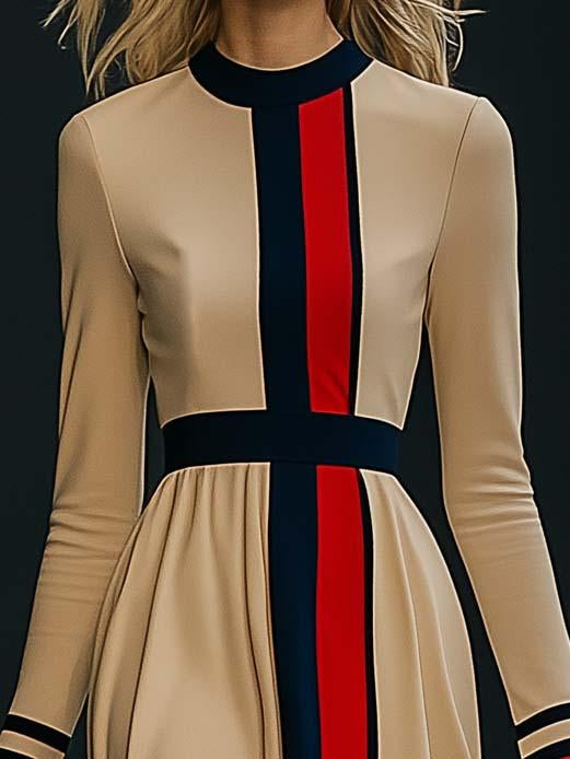 Elegant Colorblock Long Sleeve Midi Dress