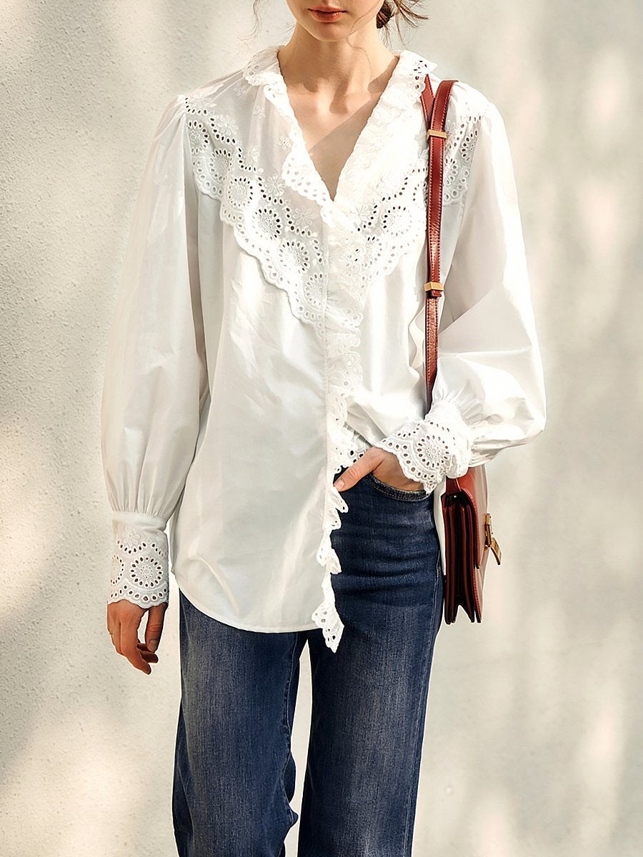 Loose Fashionable Elegant Lace Cotton White Shirt