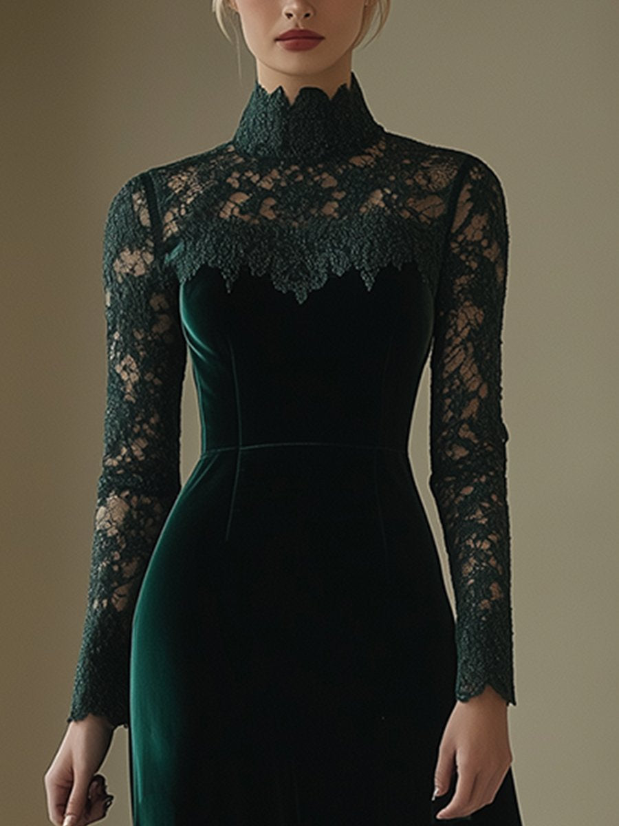 【24-hour shipping】Elegant Retro Velvet Stitching Lace High Collar Long Sleeve Midi Dress