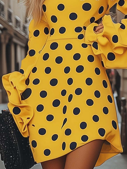 Fashionable and Stylish Off-shoulder Yellow Polka Dot Printed Mini Dress