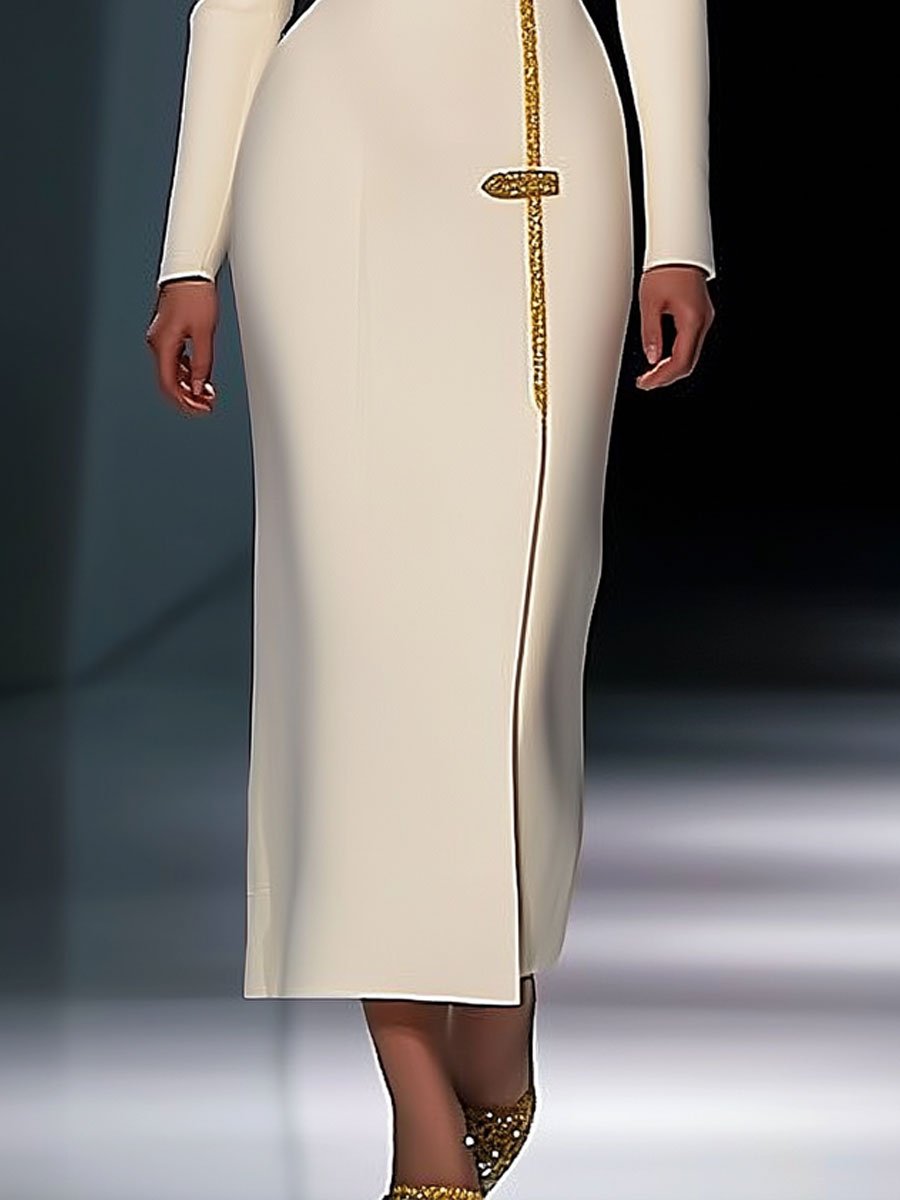 Fashion Party Gold Trim White Slim Fit Long Sleeve Midi Dress