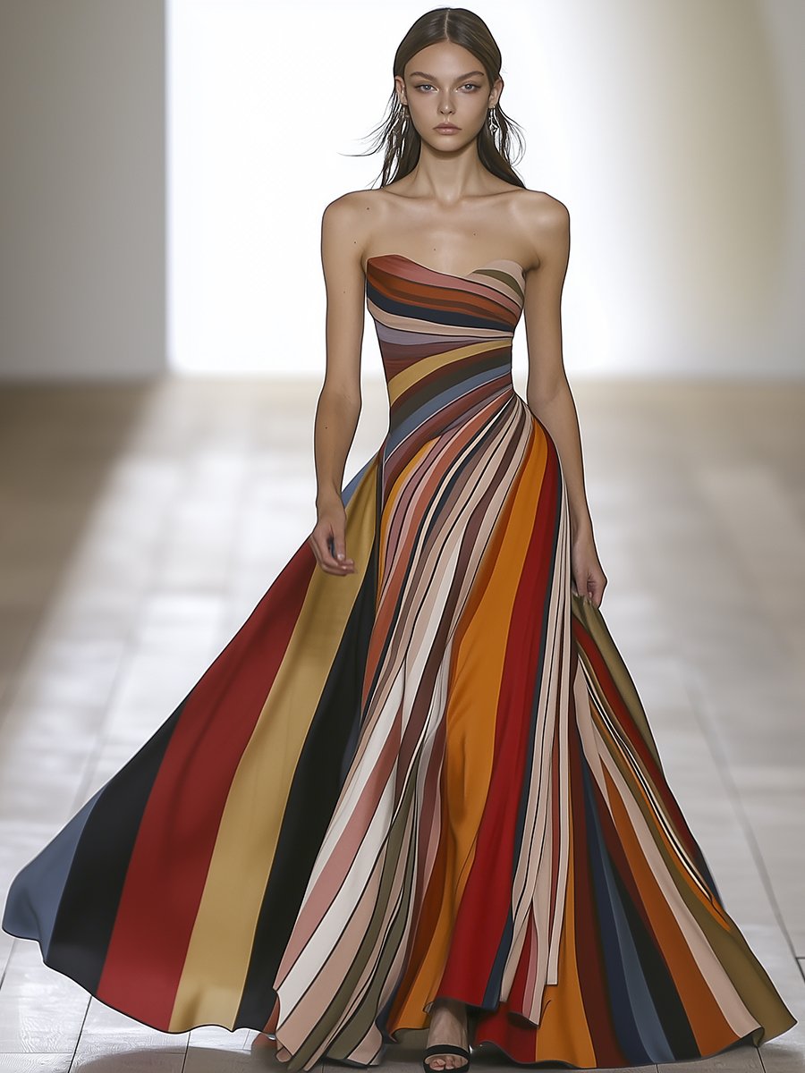 Elegant and Charming Tube Top Color Striped Satin Sleeveless Maxi Dress