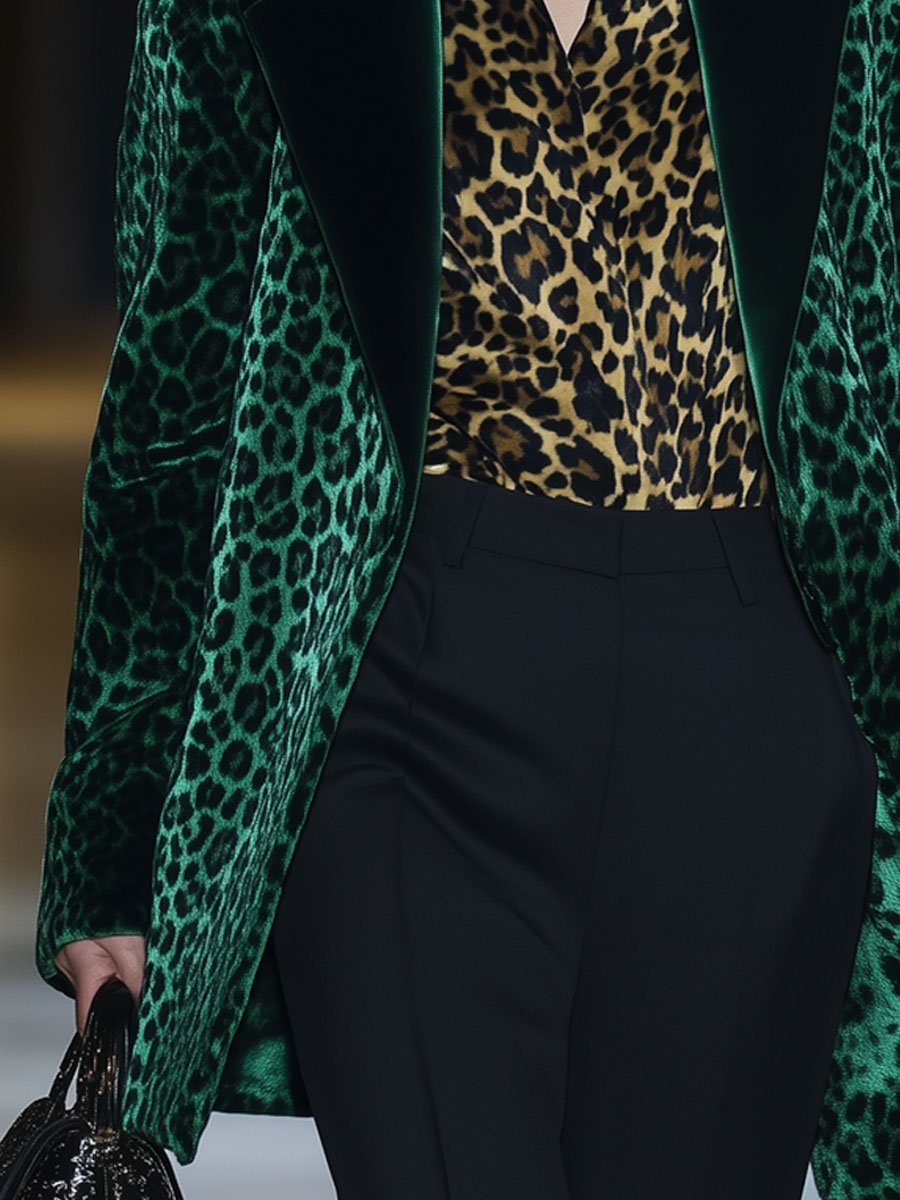 Casual Loose Vintage Green Velvet Leopard Print Lapel Pocket Coat