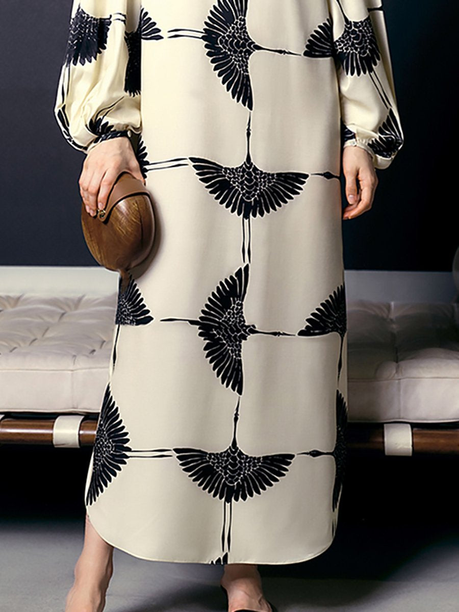 Retro High Fashion Crane Print Loose Maxi Dress