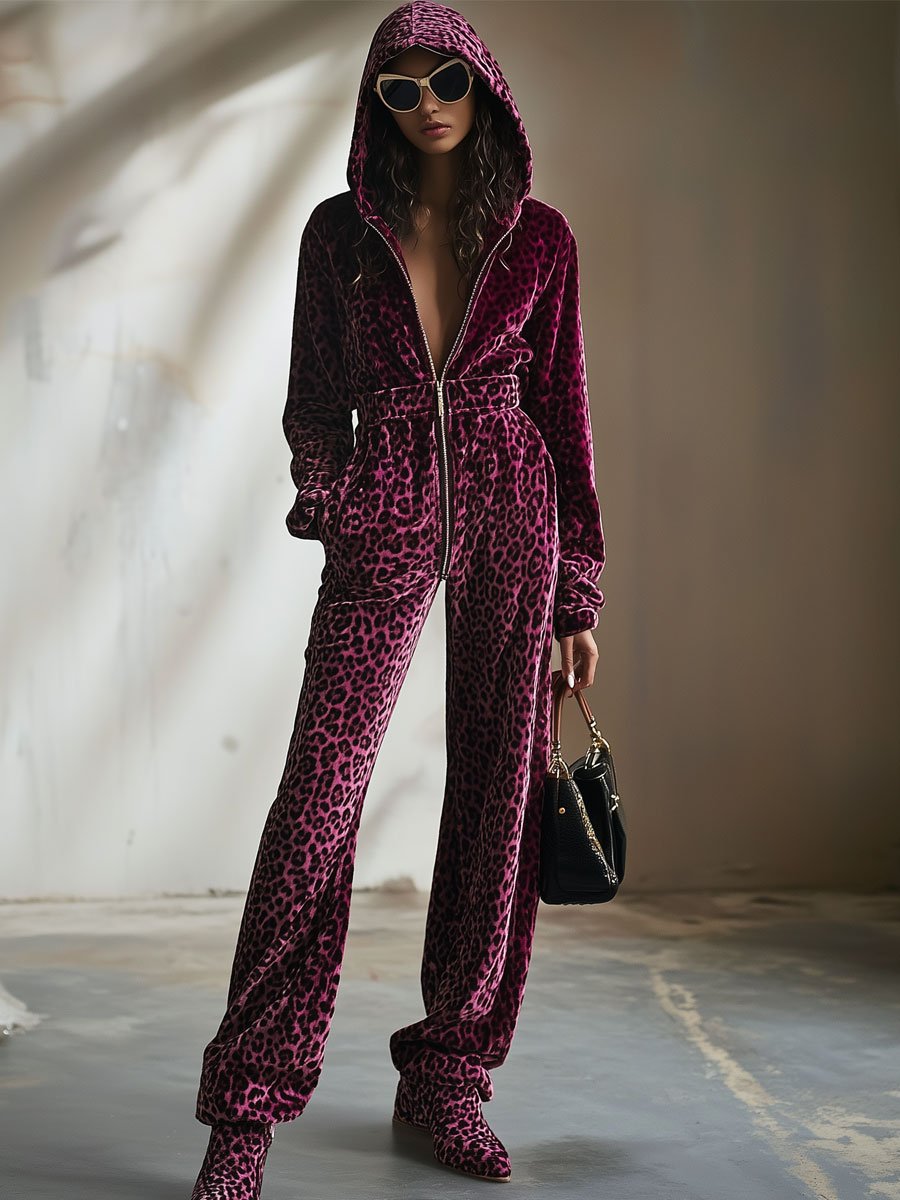 【24 hour shipping out】Casual Retro Velvet Leopard Print Elastic Waist Zipper Hooded Jumpsuit