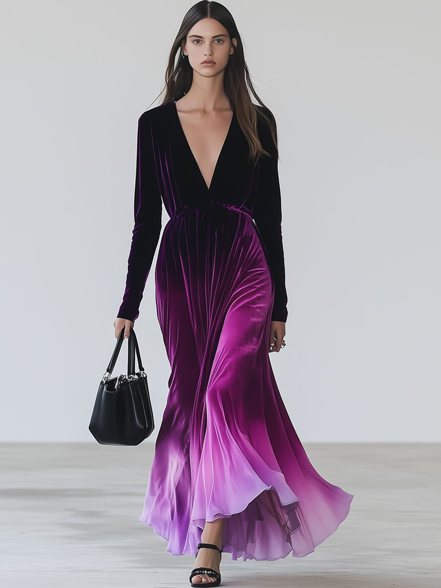 Fashion Retro Velvet Pink And Purple Gradient Long Sleeve V-Neck Maxi Dress