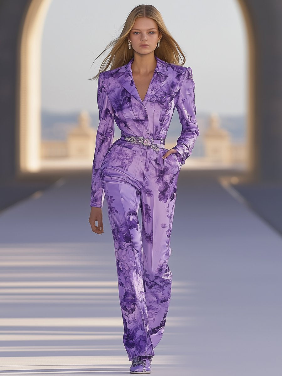 Elegant and Fashionable Retro Purple Lapel Print Long-sleeved Jumpsuit