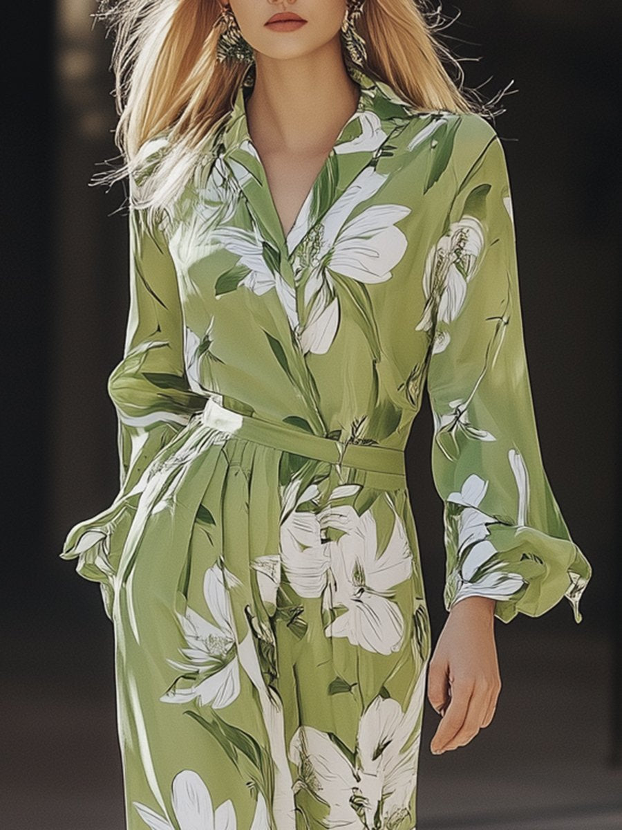 Casual and Loose Lapel Green Chiffon Print Long-sleeved Jumpsuit