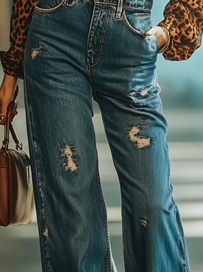 Casual Loose Retro Ripped High Waist Flared Jeans