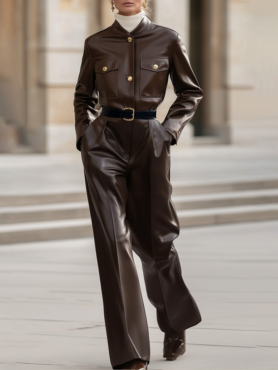 Retro And Fashionable Temperament Round Neck Button Brown Leather Jumpsuit