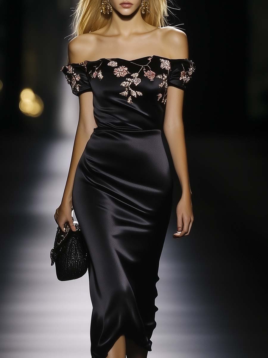 Elegant and Fashionable Off-the-shoulder Floral Print Black Satin Midi Dress