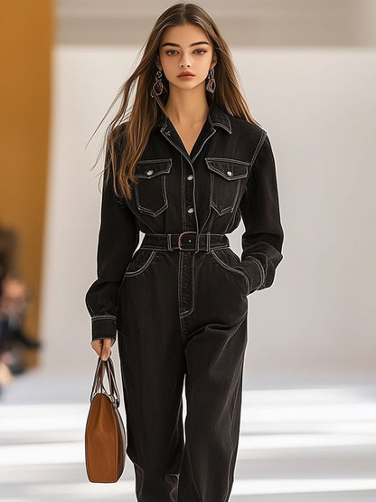 Casual Retro Multi-Pocket Denim Lace-Up Straight Jumpsuit