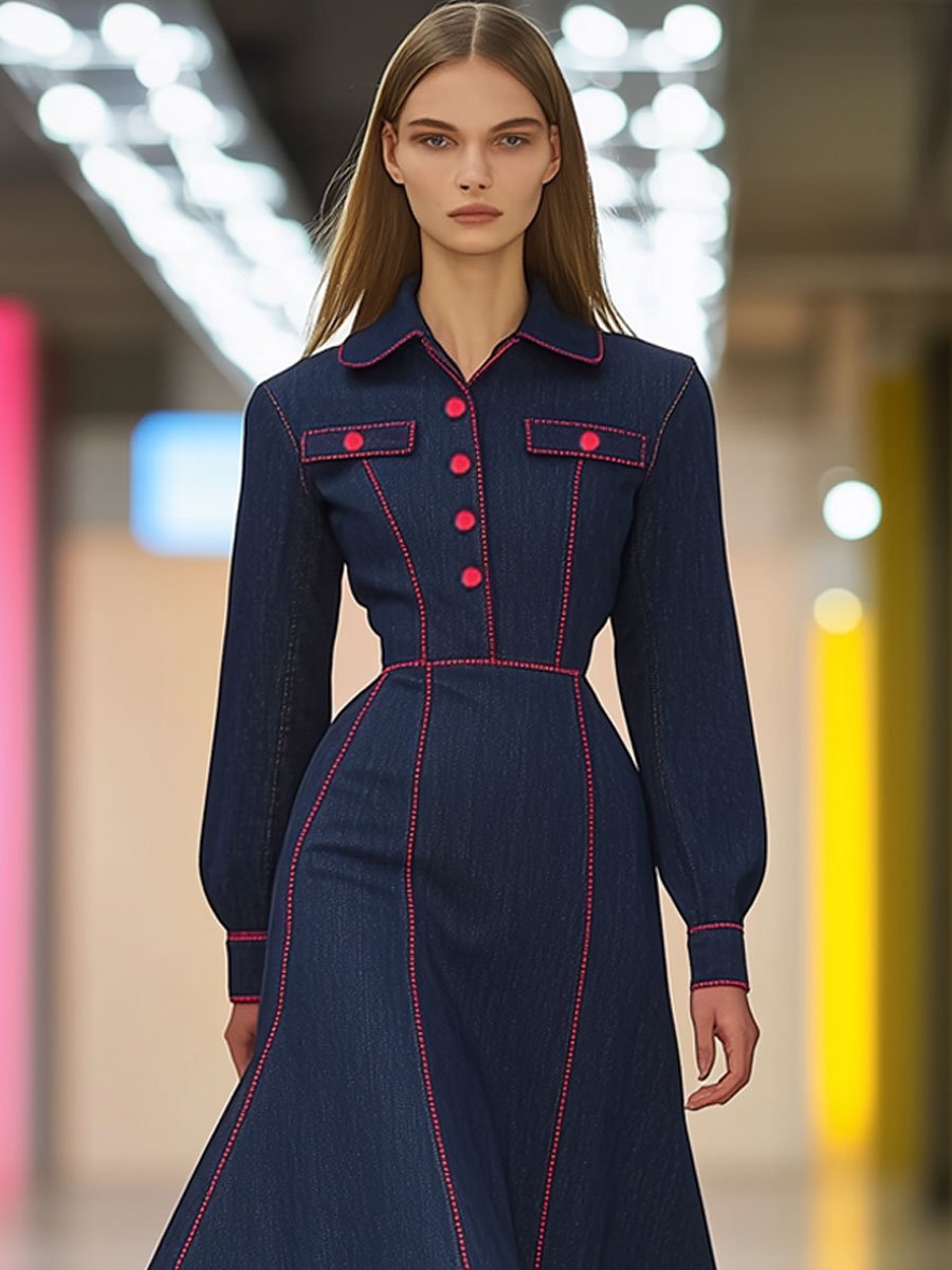 Retro Fashion Long Sleeve Navy Denim Red Topstitched Shirt Midi Dress