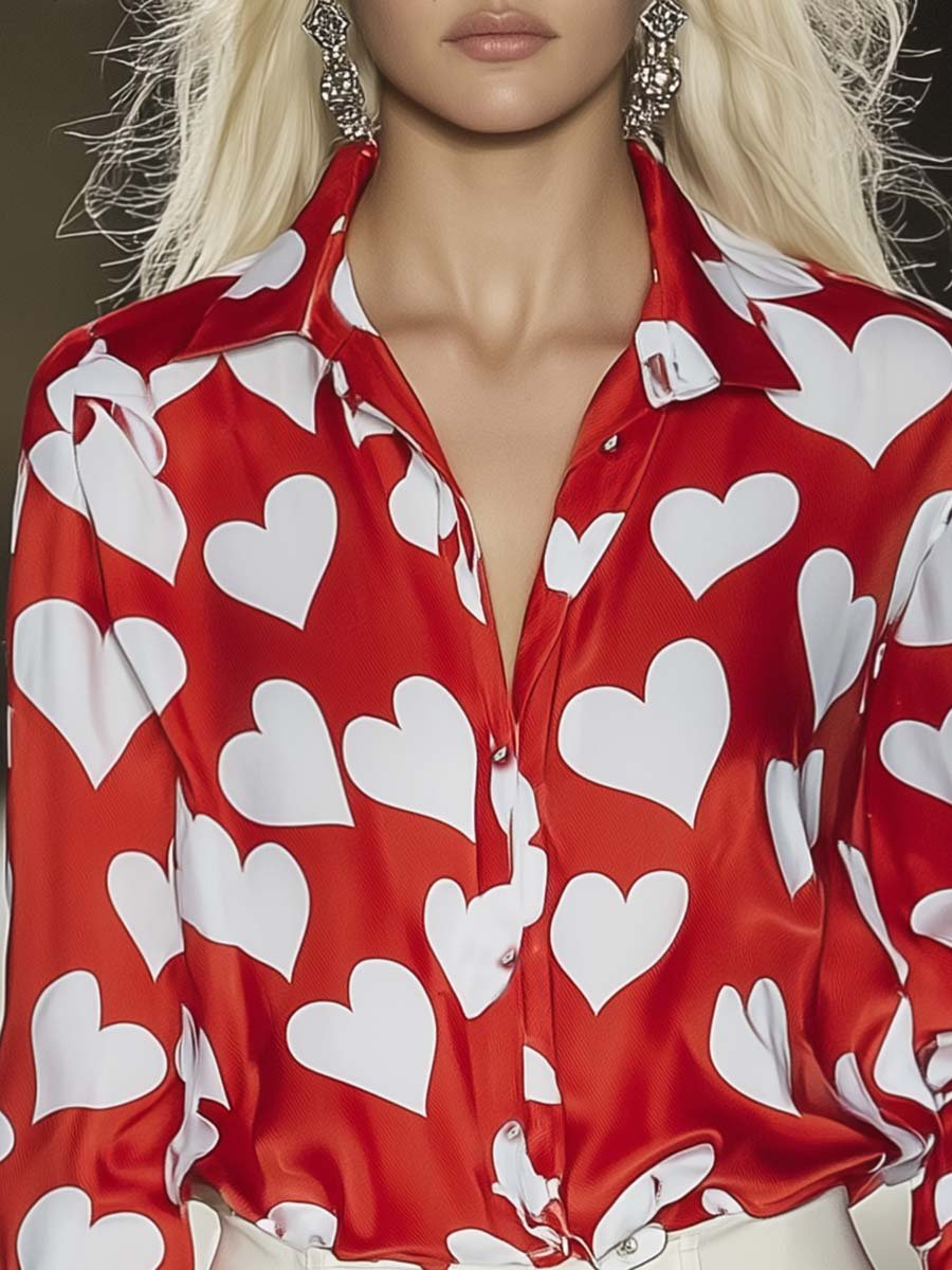 Romantic and Fashionable Red and White Heart Print Satin Shirt