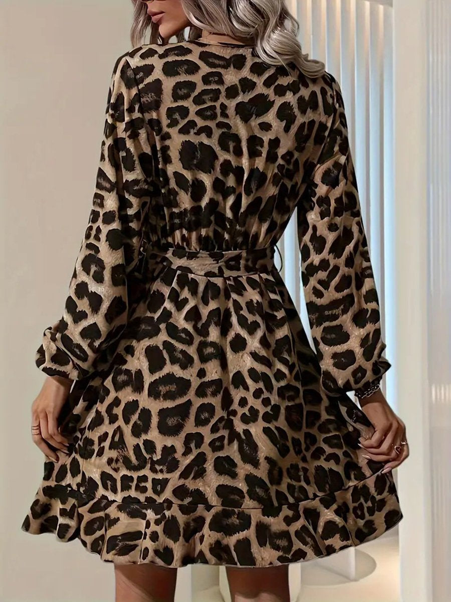 Leopard Print V-neck High Waist Tie Irregular Mini Dress