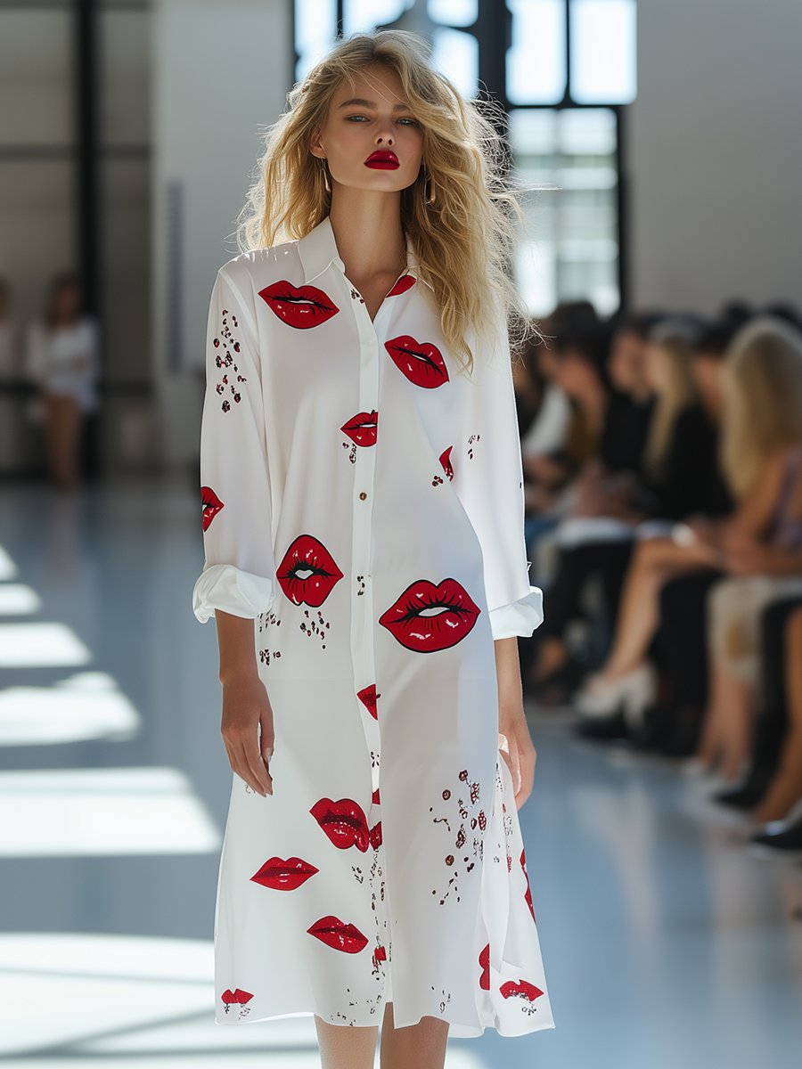 Casual And Fashionable Red Lip Print Shirt Dress