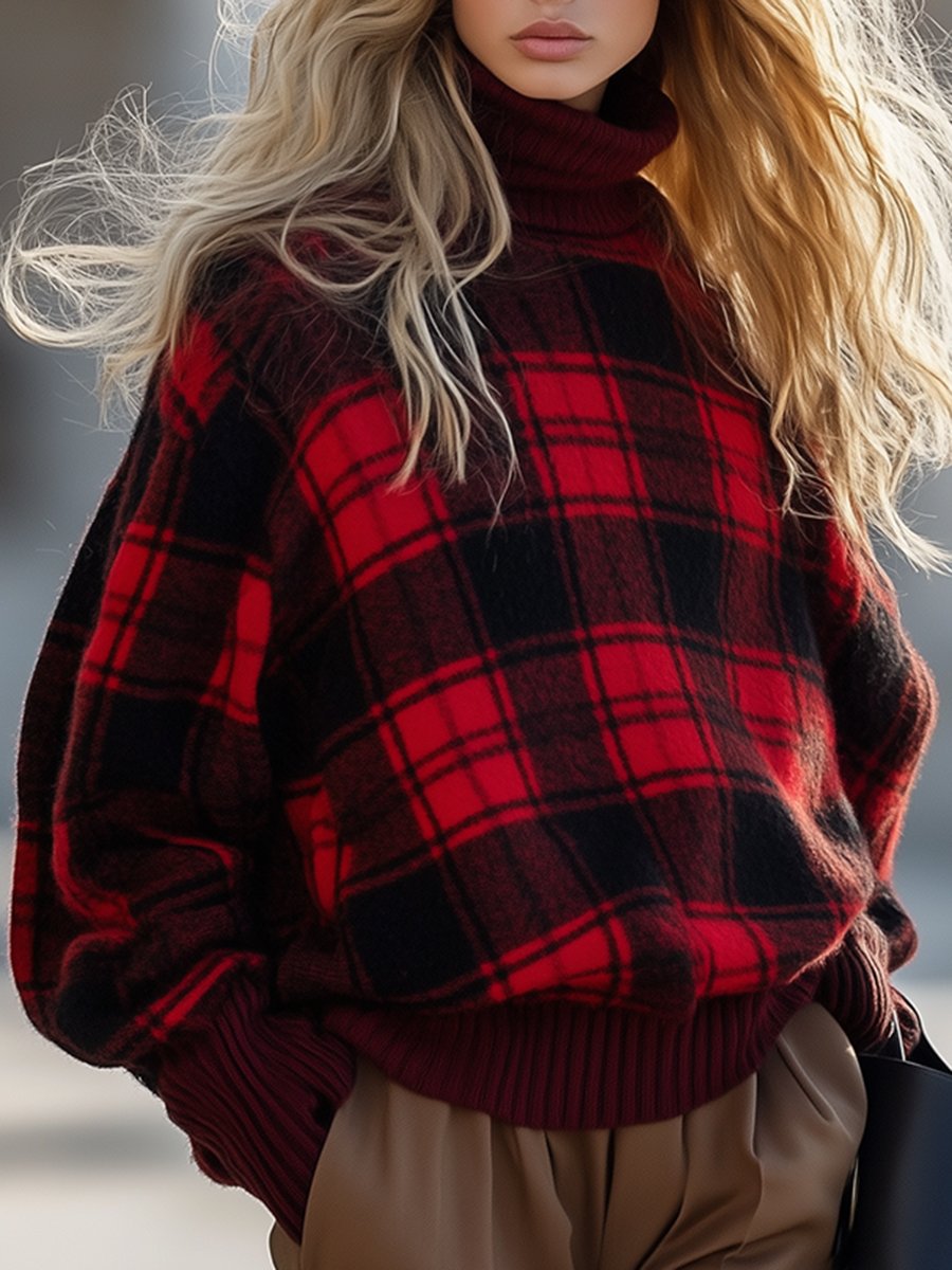 Retro Fashion Casual Loose Plaid Turtleneck Knitted Sweater