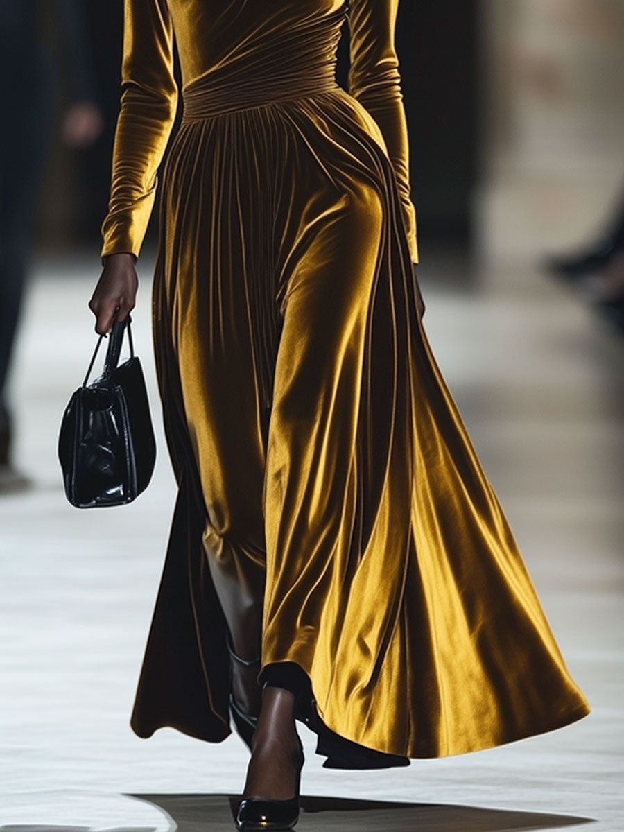 Fashion Vintage Gold Velvet Pleated Long Sleeve Maxi Dress