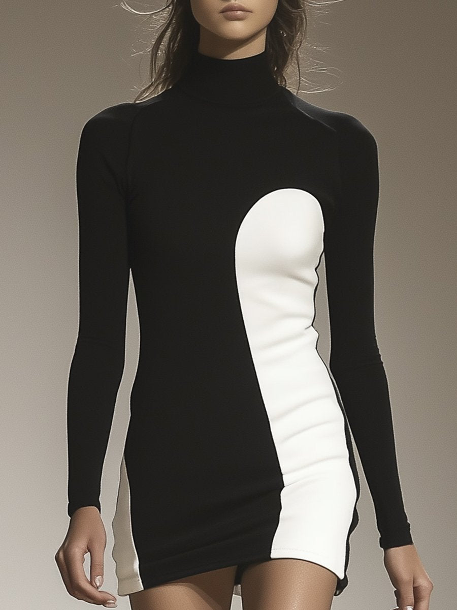 Fashionable Temperament High Collar Black and White Contrast Long-sleeved Mini Dress