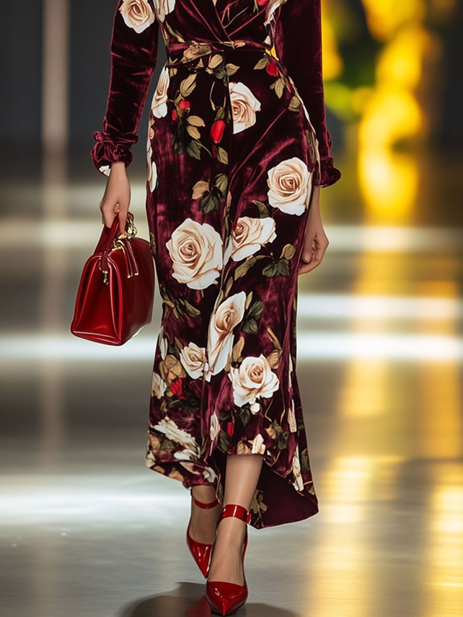 Fashion Retro Burgundy Velvet Rose Print V-Neck Long Sleeve Midi Dress