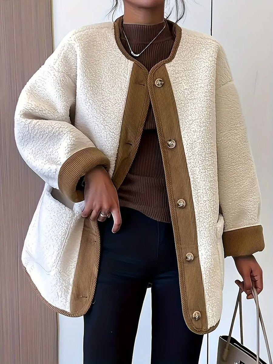 High-End Retro Loose Round Neck Pocket Lamb Wool Coat