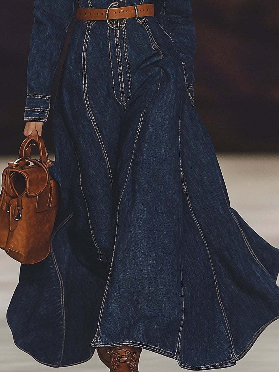 Fashionable Casual Long Sleeve Denim Blue Maxi Dress