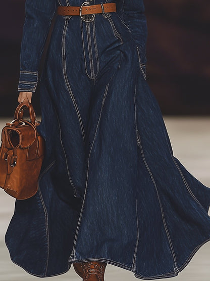 Fashionable Casual Long Sleeve Denim Blue Maxi Dress