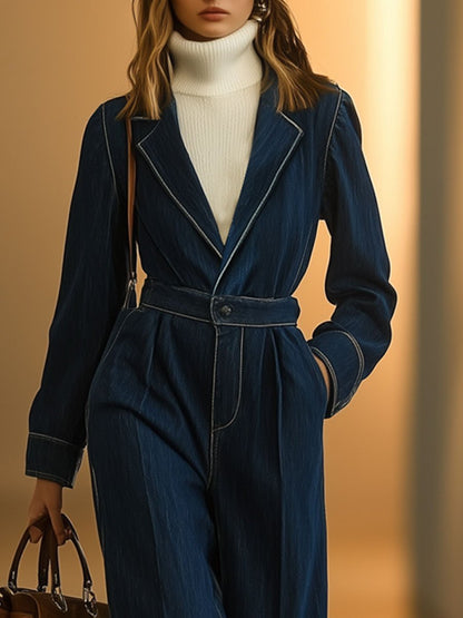 Casual Retro Lapel Pocket Denim Long Sleeve Straight Jumpsuit