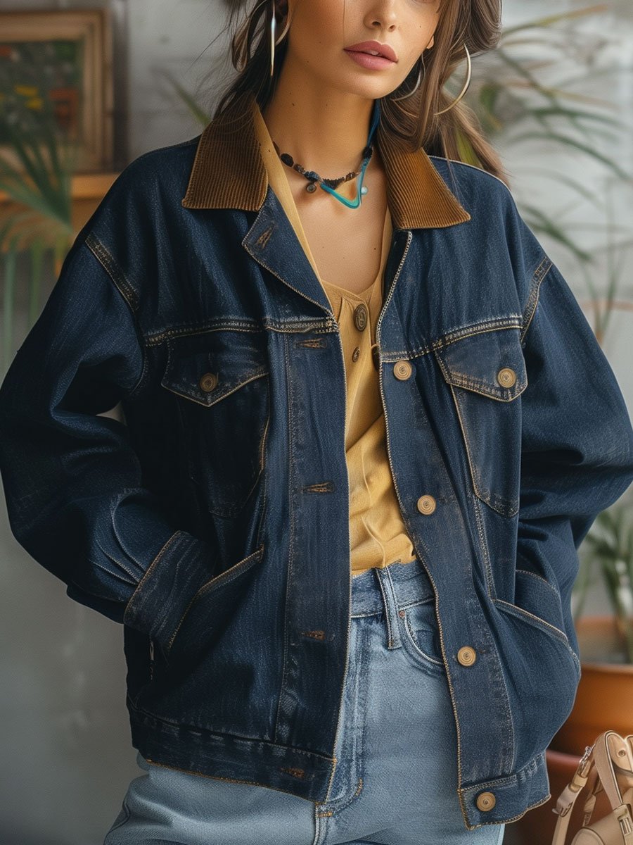 Casual Loose Pocket Vintage Denim Corduroy Patchwork Jacket