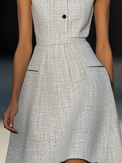 Elegant High-End Tweed Lapel Sleeveless White Midi Dress