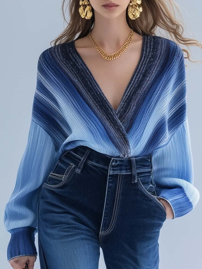 Elegant and Unique V-neck Blue Gradient Sweater