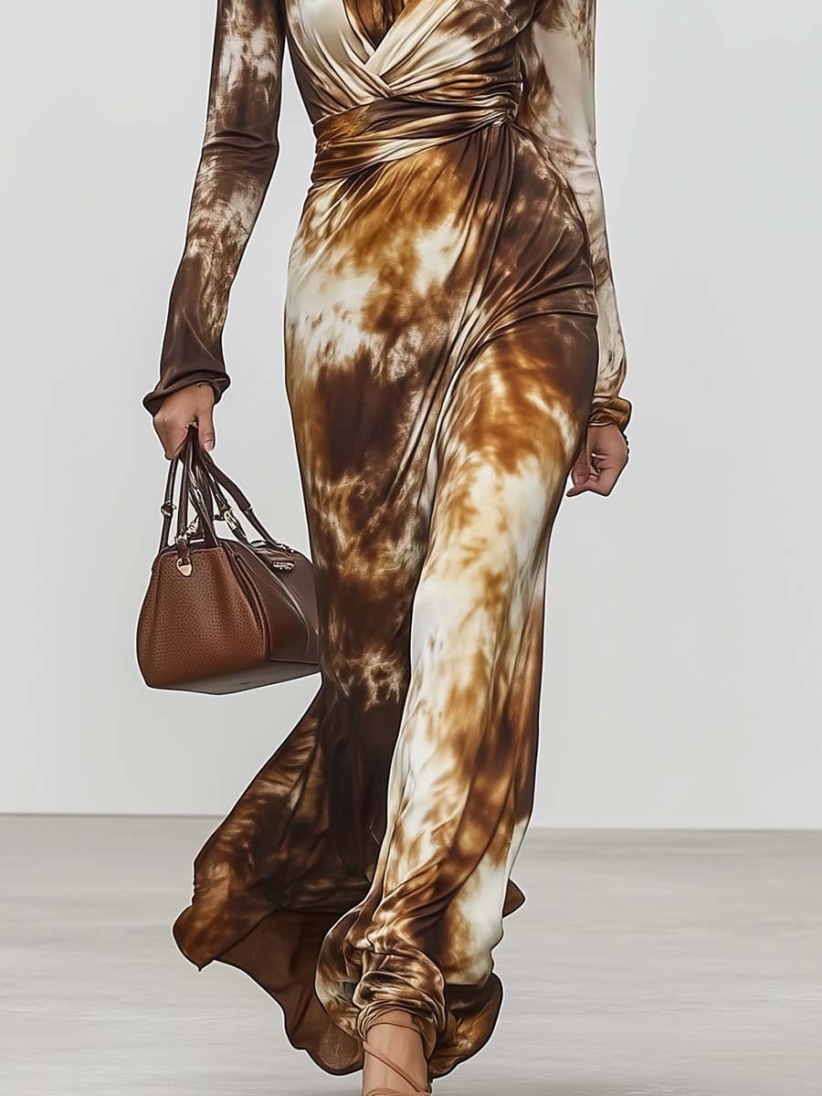 Elegant and Stylish V-neck Slim-fit Brown Tie-dye Maxi Dress