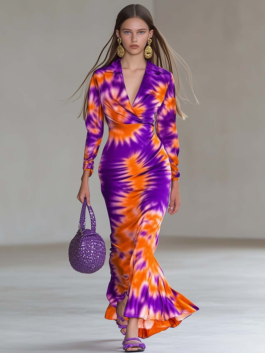 Elegant and Vibrant Orange and Purple Printed V-neck Slim Fishtail Maxi Dress