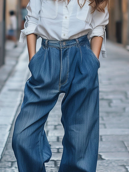 Casual Loose Vintage Blue Pocket Jeans