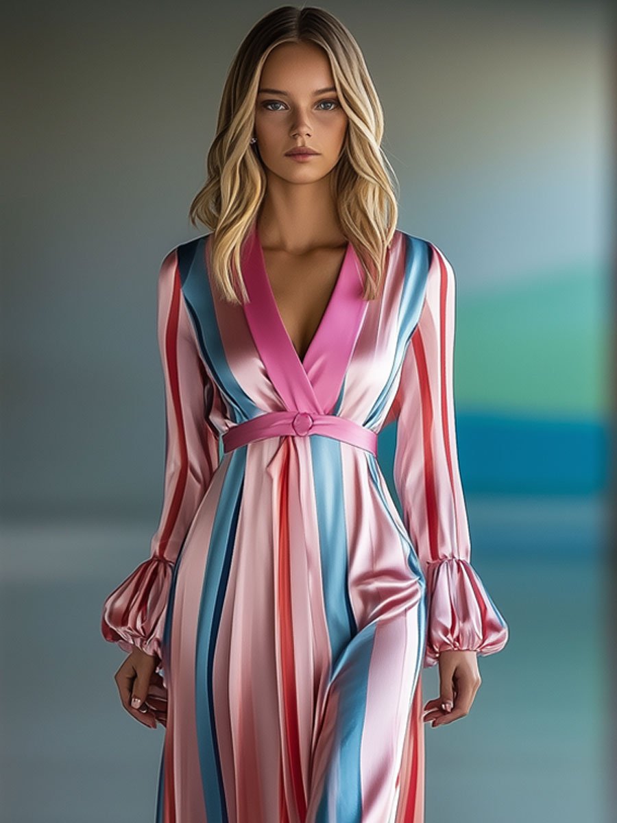 Fashion Party Pink Blue Striped Printed Satin V-Neck Long Sleeve Maxi Dress