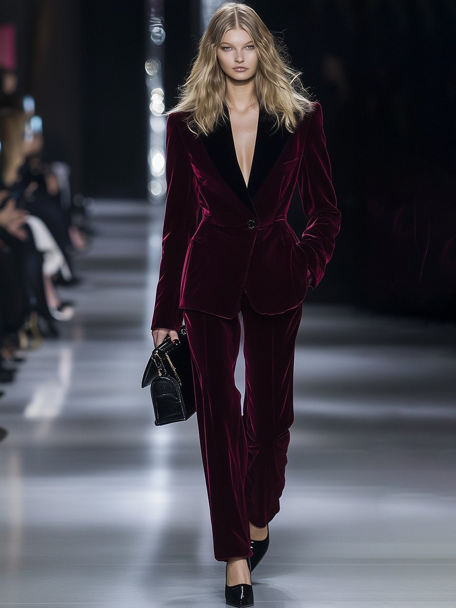 High-End Temperament Loose Retro Burgundy Velvet Suit