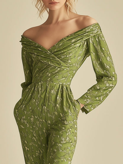 Casual Retro Green Off-shoulder One-shoulder Slim Floral Long-sleeved Jumpsuit