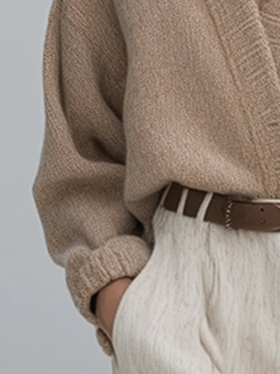 Lazy High-End Oatmeal V-Neck Dropped Shoulder Knitted Cardigan