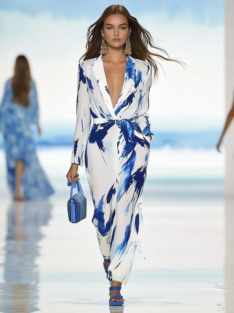 Artistic V-neck Blue Ink Stroke Print Jumpsuit