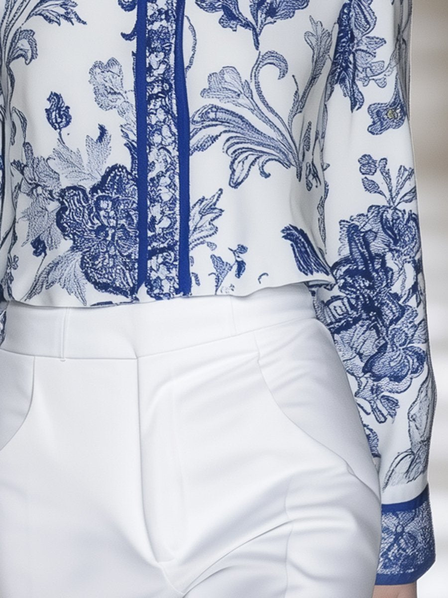 Elegant Blue and White Porcelain Print Satin Long-sleeved Shirt